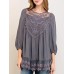 Women Solid Color Lace Patchwork 3/4 Sleeve Blouse