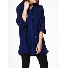 Women Cotton Loose Hollow Adjustable Sleeve Button Blouse