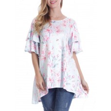 Women Short Sleeve Round Neck Floral Print Irregular T-shirts