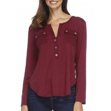 Women Casual Button V Neck Long Sleeve Irregular Hem Blouse