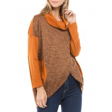 Women Casual Turtle Neck Irregular Hem Long Sleeve Tops