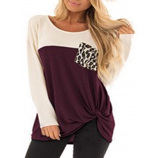 Women Long Sleeve Leopard Print Kink Blouse with Pocket