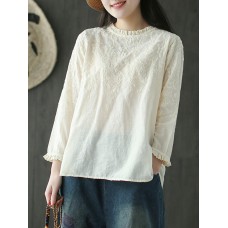 Women Cotton Solid Color Stand Collar Embroidered Blouse