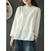 Women Cotton Solid Color Stand Collar Embroidered Blouse