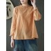 Women Cotton Solid Color Stand Collar Embroidered Blouse