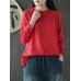 Women Cotton Solid Color Stand Collar Embroidered Blouse