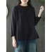 Women Cotton Solid Color Stand Collar Embroidered Blouse