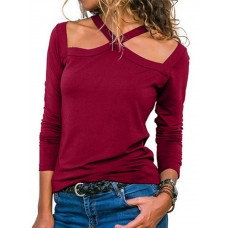 Women Halter Long Sleeve Solid Color Casual T-shirts