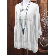 Women Autumn Round Neck Long Sleeve Patchwork Hem Blouse