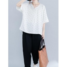 Women Polka Dot Print O-neck Short Sleeve Blouse