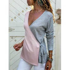 Women Casual V Neck Patchwork Cross Bandage Long Sleeve Tops
