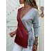 Women Casual V Neck Patchwork Cross Bandage Long Sleeve Tops