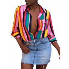 Women Rainbow Stripe V-neck Long Sleeve Blouse
