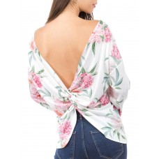 Women V-neck Backless Long Sleeve Floral Print Blouse