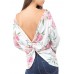 Women V-neck Backless Long Sleeve Floral Print Blouse