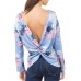 Women V-neck Backless Long Sleeve Floral Print Blouse