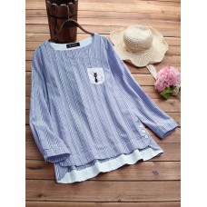 Vintage Women Cotton Side Buttons Stripe Cat Embroidered Patchwork Blouse