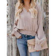 Women Casual Solid Color Elastic Waist V-Neck Blouse
