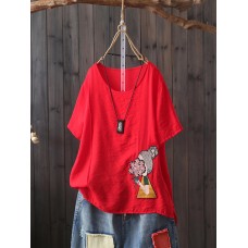 Women Cartoon Embroidery Cotton Short Sleeve T-Shirts