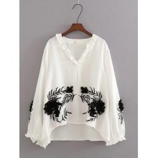 Floral Embroidery V-neck Casual Blouse