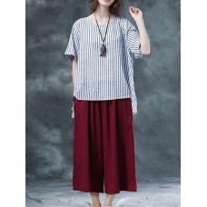 Women Striped O-neck Loose Casual Blouse