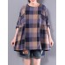 Casual Loose Plaid Long Sleeve Women Pleated Blouse