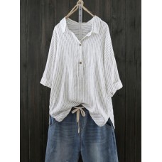 Women Stripe Retro Buttons Turn Down Collar Blouse Shirt