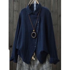 Women Cotton Linen Long Sleeve Side Button Down Loose Casual Blouse