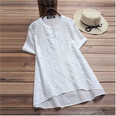 Floral Embroidery V Neck Short Sleeve Irregular Blouse
