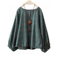 Women Cotton Loose Floral Print Round Neck Long Sleeve Blouse