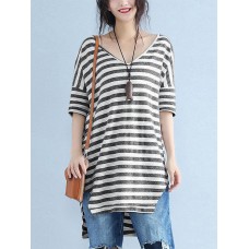 Women Casual Stripe Loose V-Neck High Low Hem Short Sleeve T-Shirts