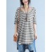 Women Casual Stripe Loose V-Neck High Low Hem Short Sleeve T-Shirts