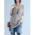 Women Casual Stripe Loose V-Neck High Low Hem Short Sleeve T-Shirts
