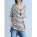 Women Casual Stripe Loose V-Neck High Low Hem Short Sleeve T-Shirts