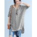 Women Casual Stripe Loose V-Neck High Low Hem Short Sleeve T-Shirts