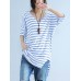 Women Casual Stripe Loose V-Neck High Low Hem Short Sleeve T-Shirts
