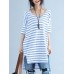 Women Casual Stripe Loose V-Neck High Low Hem Short Sleeve T-Shirts