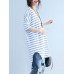 Women Casual Stripe Loose V-Neck High Low Hem Short Sleeve T-Shirts