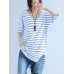 Women Casual Stripe Loose V-Neck High Low Hem Short Sleeve T-Shirts