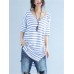 Women Casual Stripe Loose V-Neck High Low Hem Short Sleeve T-Shirts