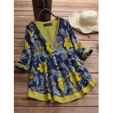 Vintage Long Sleeve Floral Print V-neck Patchwork Blouse