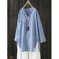 Vintage Women Striped Big Pocket Split Irregular Blouse