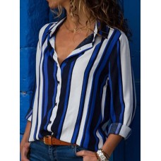 Women Long Sleeve Stripe V Neck Casual Loose Blouse