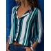 Women Long Sleeve Stripe V Neck Casual Loose Blouse