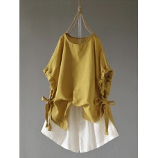 Women Short Sleeve Crew Neck Side Split Hem Cotton Blouse