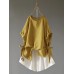 Women Short Sleeve Crew Neck Side Split Hem Cotton Blouse