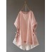 Women Short Sleeve Crew Neck Side Split Hem Cotton Blouse