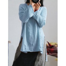 Women Retro Long Sleeve Loose Split Linen Cotton Baggy Blouse