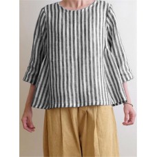 Women Crew Neck 3/4 Sleeve Casual Cotton Striped Blouse