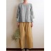 Women Crew Neck 3/4 Sleeve Casual Cotton Striped Blouse